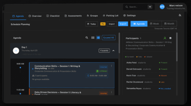 Edbahn, a training agenda with participants and sessions